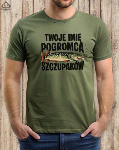 Wędkarska koszulka bawełniana T-shirt nadruk IMIĘ - POGROMCA SZCZUPAKÓW