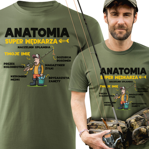 Wędkarska koszulka bawełniana T-shirt nadruk IMIĘ - ANATOMIA WĘDKARZA