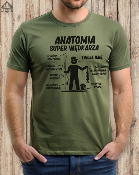 Wędkarska koszulka bawełniana T-shirt nadruk IMIĘ - ANATOMIA SUPER WĘDKARZA