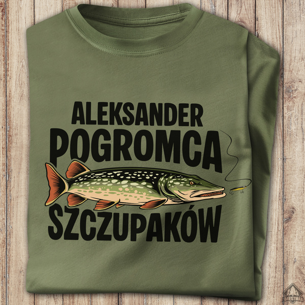 Wędkarska koszulka bawełniana T-shirt nadruk IMIĘ - POGROMCA SZCZUPAKÓW