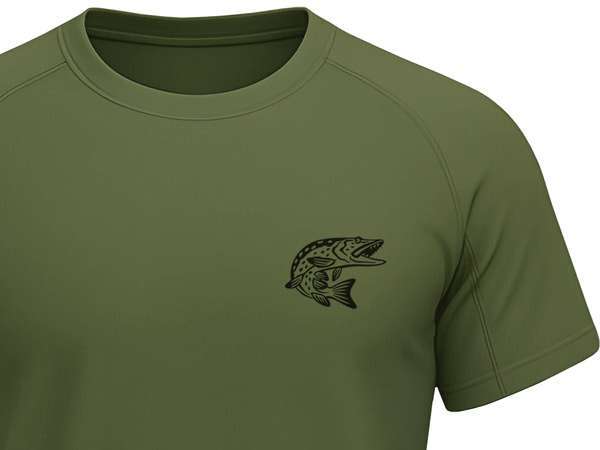 Termoaktywna koszulka wędkarska T-shirt kolor khaki nadruk SZCZUPAK