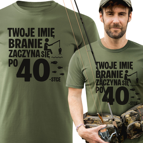 Wędkarska koszulka bawełniana T-shirt nadruk IMIĘ - BRANIE ZACZYNA SIĘ PO 40-stce