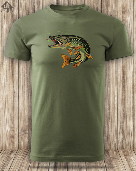 Wędkarska koszulka bawełniana T-shirt z dużym nadrukiem SZCZUPAK