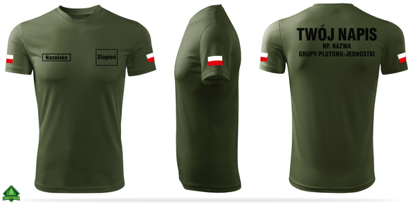 Termoaktywna koszulka WOT kolor khaki nadruk NAZWISKO, STOPIEŃ, NAPIS NA PLECACH