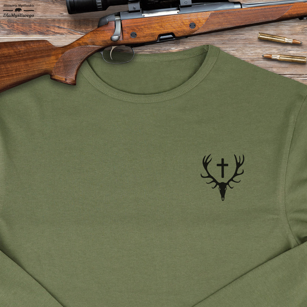 Myśliwska koszulka bawełniana z długim rękawem kolor khaki mały nadruk - WIENIEC