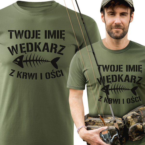 Wędkarska koszulka bawełniana T-shirt nadruk IMIĘ - WĘDKARZ Z KRWI I OŚCI