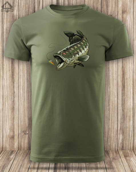 Wędkarska koszulka bawełniana T-shirt z dużym nadrukiem OKOŃ