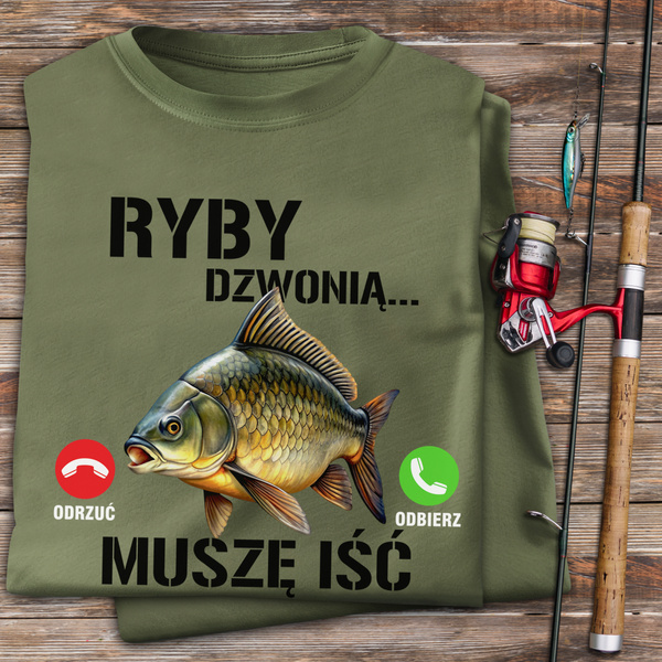 Wędkarska koszulka T-shirt khaki nadruk RYBY DZWONIĄ - MUSZĘ IŚĆ
