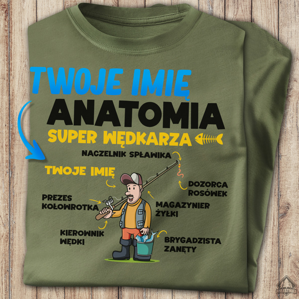 Wędkarska koszulka bawełniana T-shirt nadruk IMIĘ - ANATOMIA WĘDKARZA