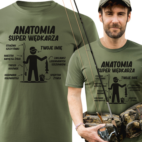 Wędkarska koszulka bawełniana T-shirt nadruk IMIĘ - ANATOMIA SUPER WĘDKARZA