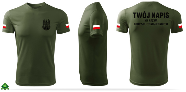 Termoaktywna koszulka MON khaki - nadruk Orzełek WOT, flagi Polski, WŁASNY NAPIS na plecach