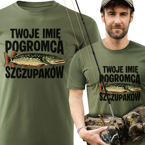 Wędkarska koszulka bawełniana T-shirt nadruk IMIĘ - POGROMCA SZCZUPAKÓW