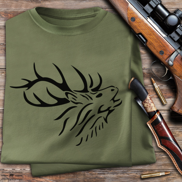 Myśliwska koszulka bawełniana T-shirt khaki nadruk - BYK NA RYKOWISKU