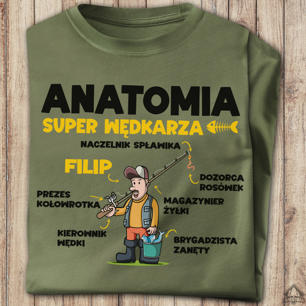 Wędkarska koszulka bawełniana T-shirt nadruk IMIĘ - ANATOMIA WĘDKARZA
