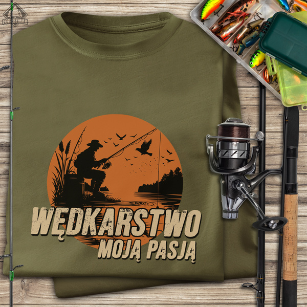 Wędkarska koszulka bawełniana T-shirt z dużym nadrukiem WĘDKARSTWO MOJĄ PASJĄ