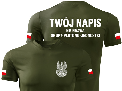 Termoaktywna koszulka MON military - nadruk Orzełek WOT, flagi Polski, WŁASNY NAPIS na plecach