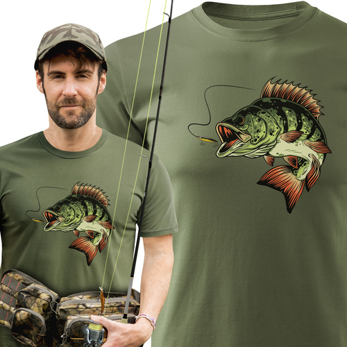 Wędkarska koszulka bawełniana T-shirt z dużym nadrukiem OKOŃ
