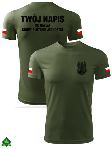 Termoaktywna koszulka MON khaki - nadruk Orzełek WOT, flagi Polski, WŁASNY NAPIS na plecach