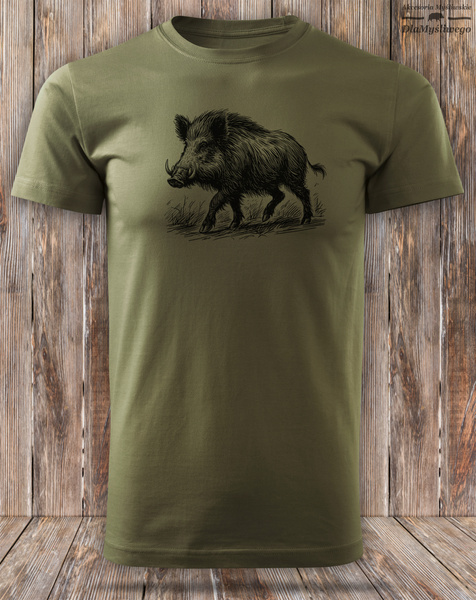 Myśliwska koszulka bawełniana T-shirt zieleń wojskowa nadruk - DZIK