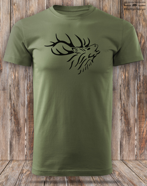 Myśliwska koszulka bawełniana T-shirt khaki nadruk - BYK NA RYKOWISKU