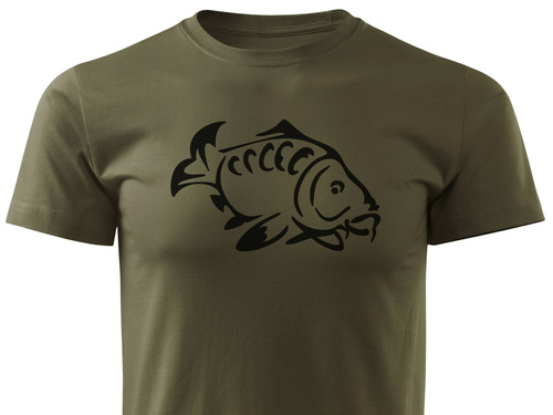 Wędkarska koszulka kolor zieleń wojskowa duży nadruk - KARP wz. D04
