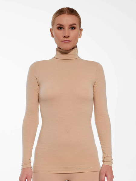 Koszulka damska z długim rękawem i golfem BRUBECK Comfort Merino - beżowa