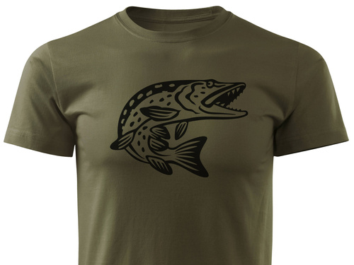 Wędkarska koszulka kolor zieleń wojskowa duży nadruk - SZCZUPAK wz. D14