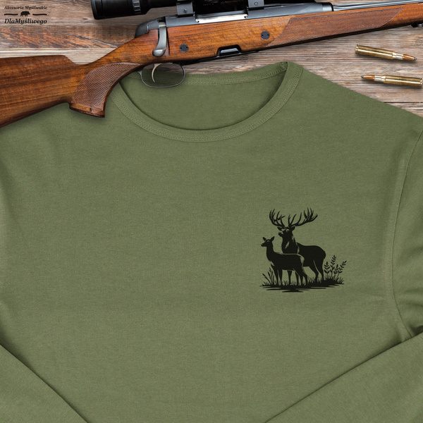 Myśliwska koszulka bawełniana z długim rękawem kolor khaki mały nadruk - BYK z ŁANIĄ