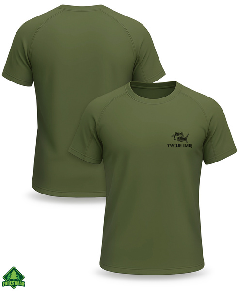 Termoaktywna koszulka wędkarska T-shirt kolor khaki nadruk SUM i TWOJE IMIĘ