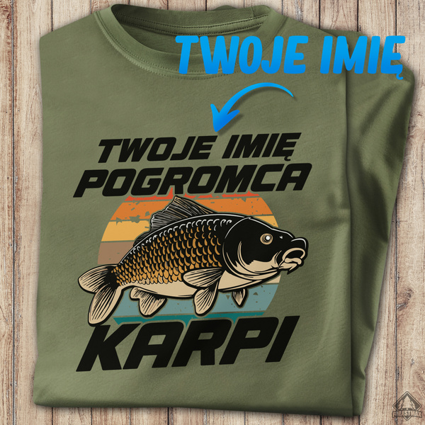 Wędkarska koszulka bawełniana T-shirt nadruk IMIĘ - POGROMCA KARPI