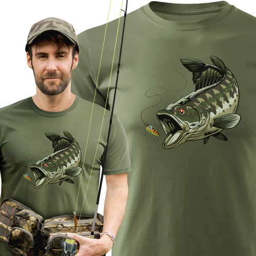 Wędkarska koszulka bawełniana T-shirt z dużym nadrukiem OKOŃ