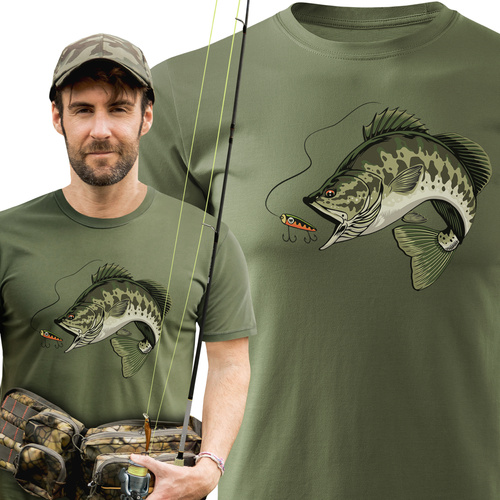 Wędkarska koszulka bawełniana T-shirt z dużym nadrukiem OKOŃ