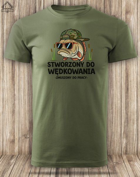 Wędkarska koszulka bawełniana T-shirt z dużym nadrukiem STWORZONY DO WĘDKOWANIA