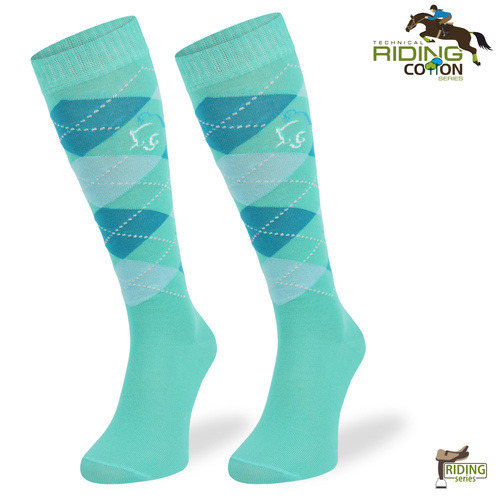Podkolanówki jeździeckie SPDJC – turkusowe romby