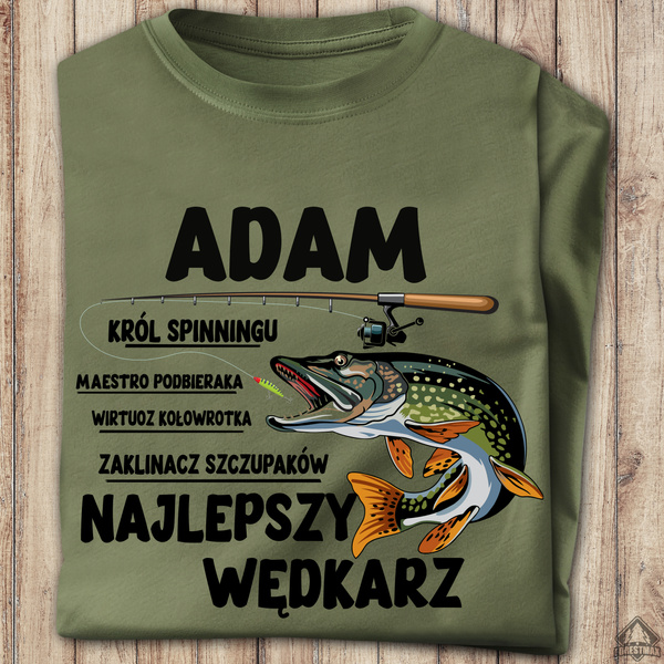 Wędkarska koszulka bawełniana T-shirt nadruk IMIĘ - NAJLEPSZY WĘDKARZ