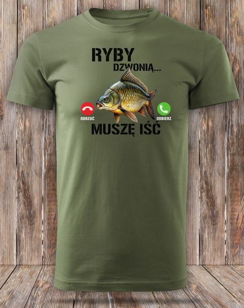 Wędkarska koszulka T-shirt khaki nadruk RYBY DZWONIĄ - MUSZĘ IŚĆ
