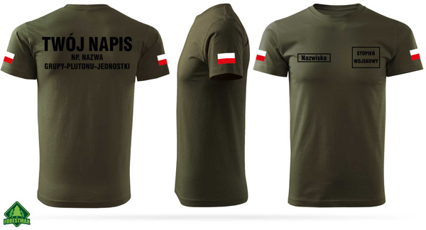 Wojskowa koszulka WOT kolor military - nadruk NAZWISKO, STOPIEŃ, NAPIS NA PLECACH