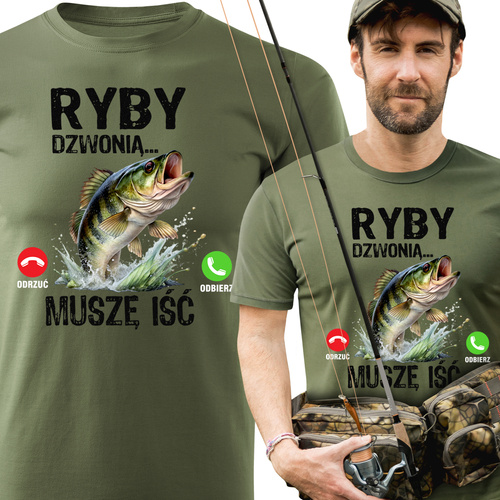 Wędkarska koszulka bawełniana T-shirt khaki nadruk RYBY DZWONIĄ - MUSZĘ IŚĆ