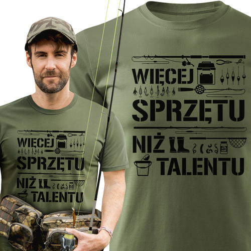 Wędkarska koszulka bawełniana T-shirt z dużym nadrukiem WIĘCEJ SPRZĘTU NIŻ TALENTU