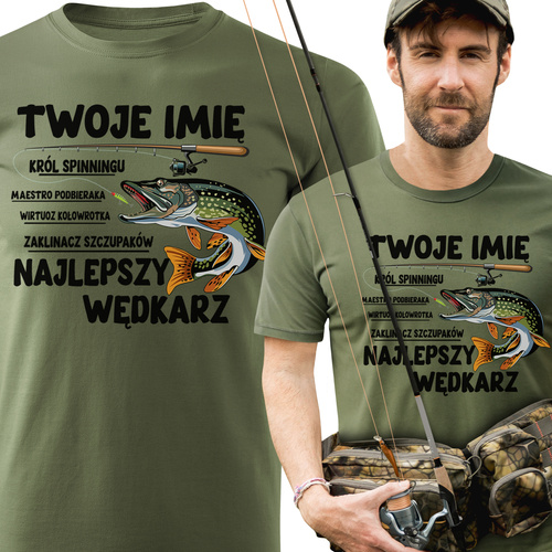 Wędkarska koszulka bawełniana T-shirt nadruk IMIĘ - NAJLEPSZY WĘDKARZ