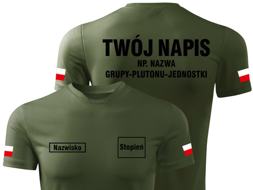 Termoaktywna koszulka WOT kolor khaki nadruk NAZWISKO, STOPIEŃ, NAPIS NA PLECACH