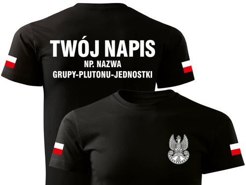 Koszulka czarna nadruk - orzeł WOT + własny napis + flagi Polski