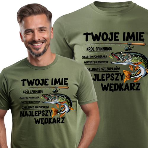 Wędkarska koszulka bawełniana T-shirt nadruk IMIĘ - NAJLEPSZY WĘDKARZ