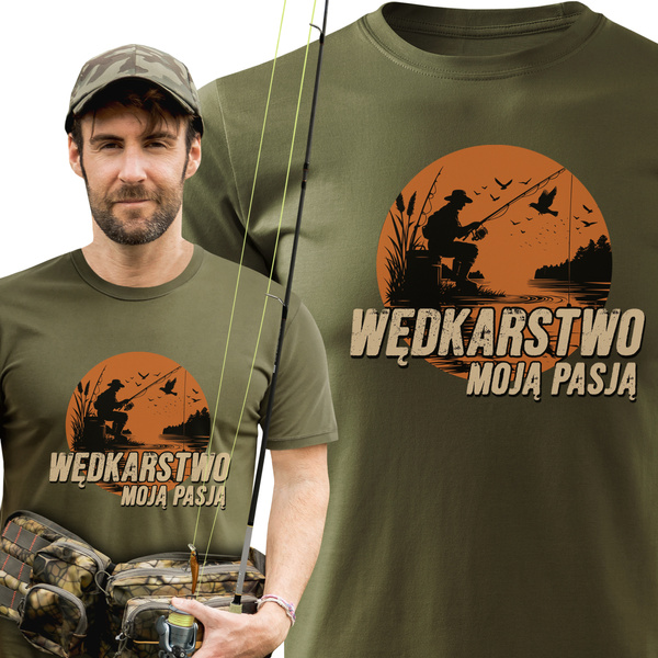 Wędkarska koszulka bawełniana T-shirt z dużym nadrukiem WĘDKARSTWO MOJĄ PASJĄ