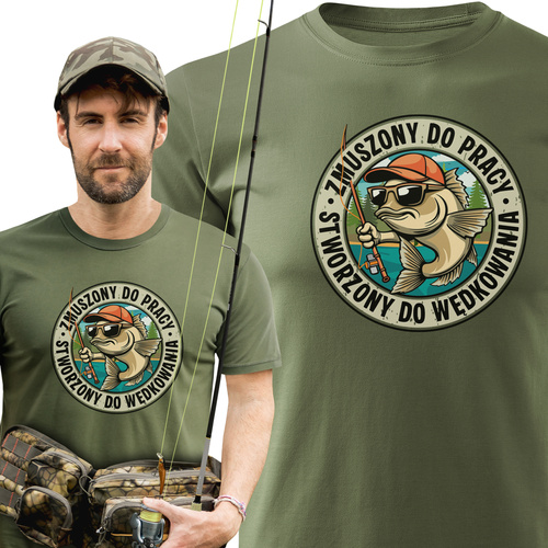 Wędkarska koszulka bawełniana T-shirt z dużym nadrukiem ZMUSZONY DO PRACY