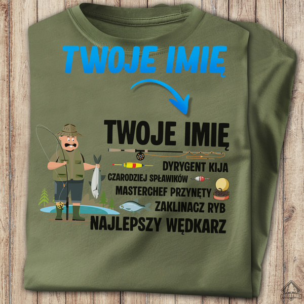 Wędkarska koszulka bawełniana T-shirt nadruk IMIĘ - NAJLEPSZY WĘDKARZ