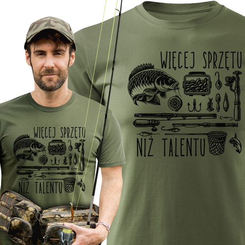 Wędkarska koszulka bawełniana T-shirt z dużym nadrukiem WIĘCEJ SPRZĘTU NIŻ TALENTU