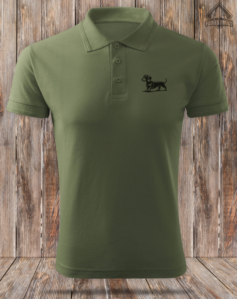 Koszulka polo khaki z nadrukiem psa - JAMNIK GŁADKOWŁOSY