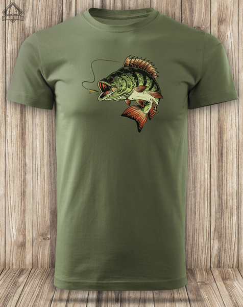 Wędkarska koszulka bawełniana T-shirt z dużym nadrukiem OKOŃ