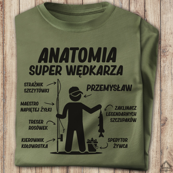 Wędkarska koszulka bawełniana T-shirt nadruk IMIĘ - ANATOMIA SUPER WĘDKARZA